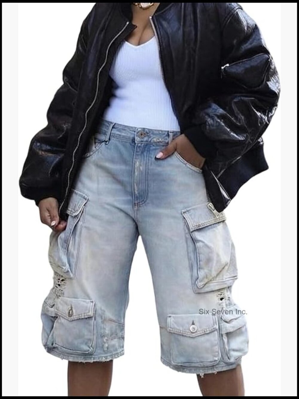 High Waisted Cargo Bermuda Jean Shorts Denim Long Jorts with Pockets Streetwear